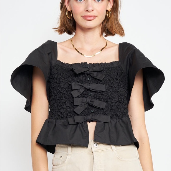 (AA4) En Saison Matisse Bow-Front Peplum Blouse, Black, Size Medium, NWT - Picture 2 of 16